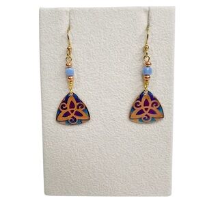 Irish Celtic Trinity Knot Copper Blue Purple Dangle Pierced Earrings